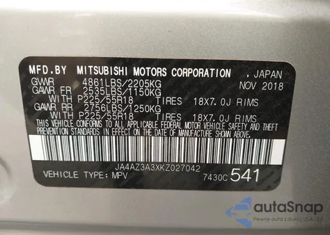2019 Mitsubishi Outlander Se from USA, damaged, VIN JA4AZ3A3XKZ027042